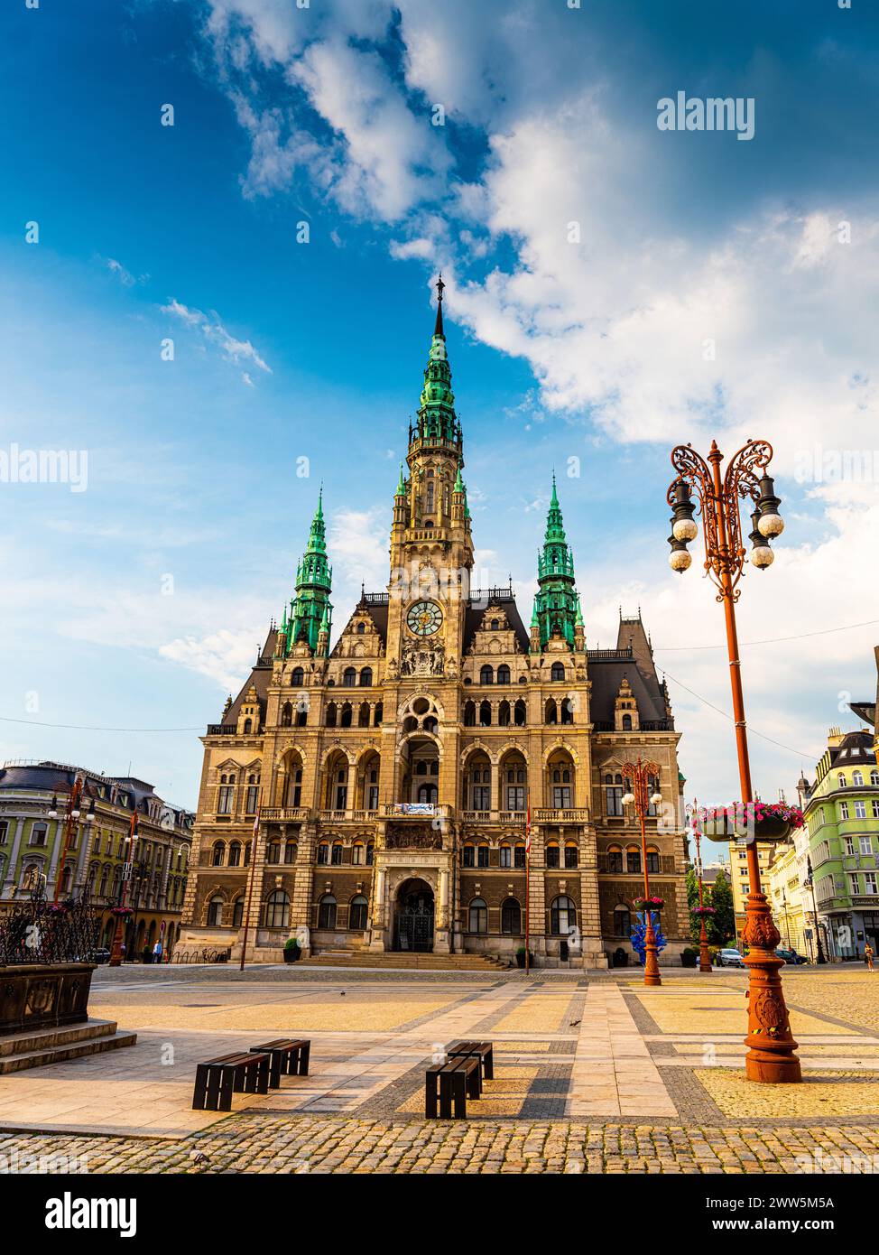 Liberec, Czech republic,19. 06. 2021. View of main square with Town Hall building against the background of a light blue sky Stock Photo