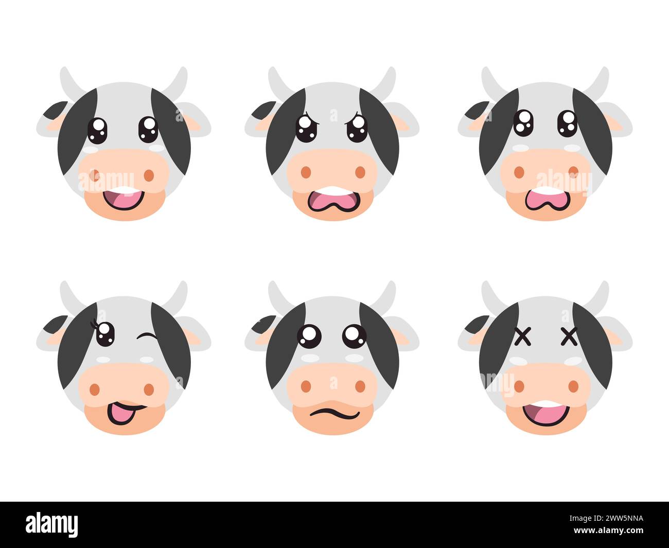 black white color head cow face character expression smile laughing happy sad blink eye and cheerful gesture Stock Vector
