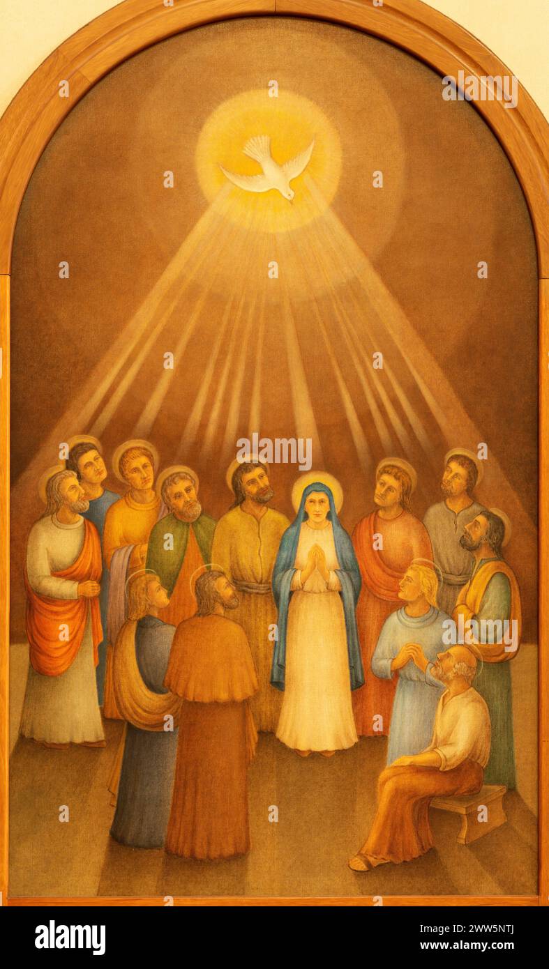 MILAN, ITALY - MARCH 4, 2024: The painting of Pentecost in the church Chiesa di San Agostino by N. Meda (1993). Stock Photo