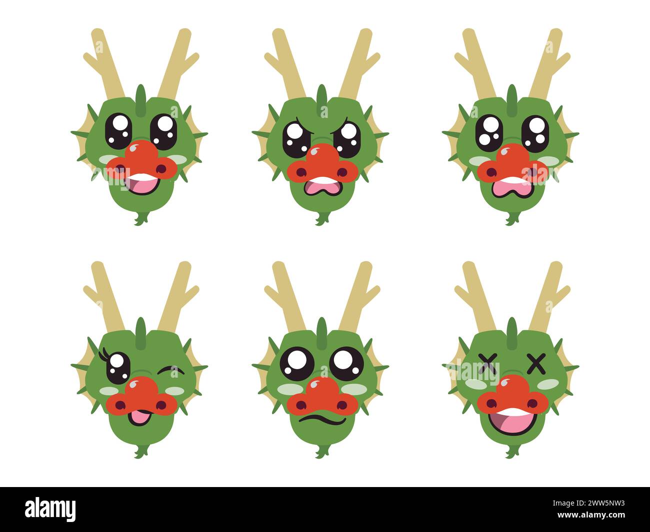 green head dragon horned with face expression smile laughing happy sad blink eye and cheerful gesture Stock Vector