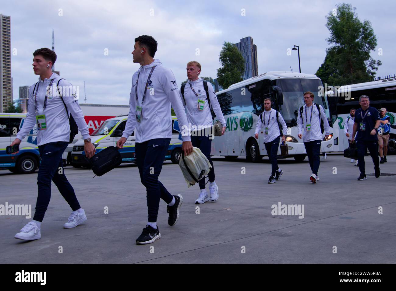 Sydney, Australia. 21st Mar, 2024. Australian Socceroos arrive before the FIFA World Cup 2026 Qualifier match between Australia and Lebanon at Western Sydney Stadium on March 21, 2024 in Sydney, Australia Credit: IOIO IMAGES/Alamy Live News Stock Photo