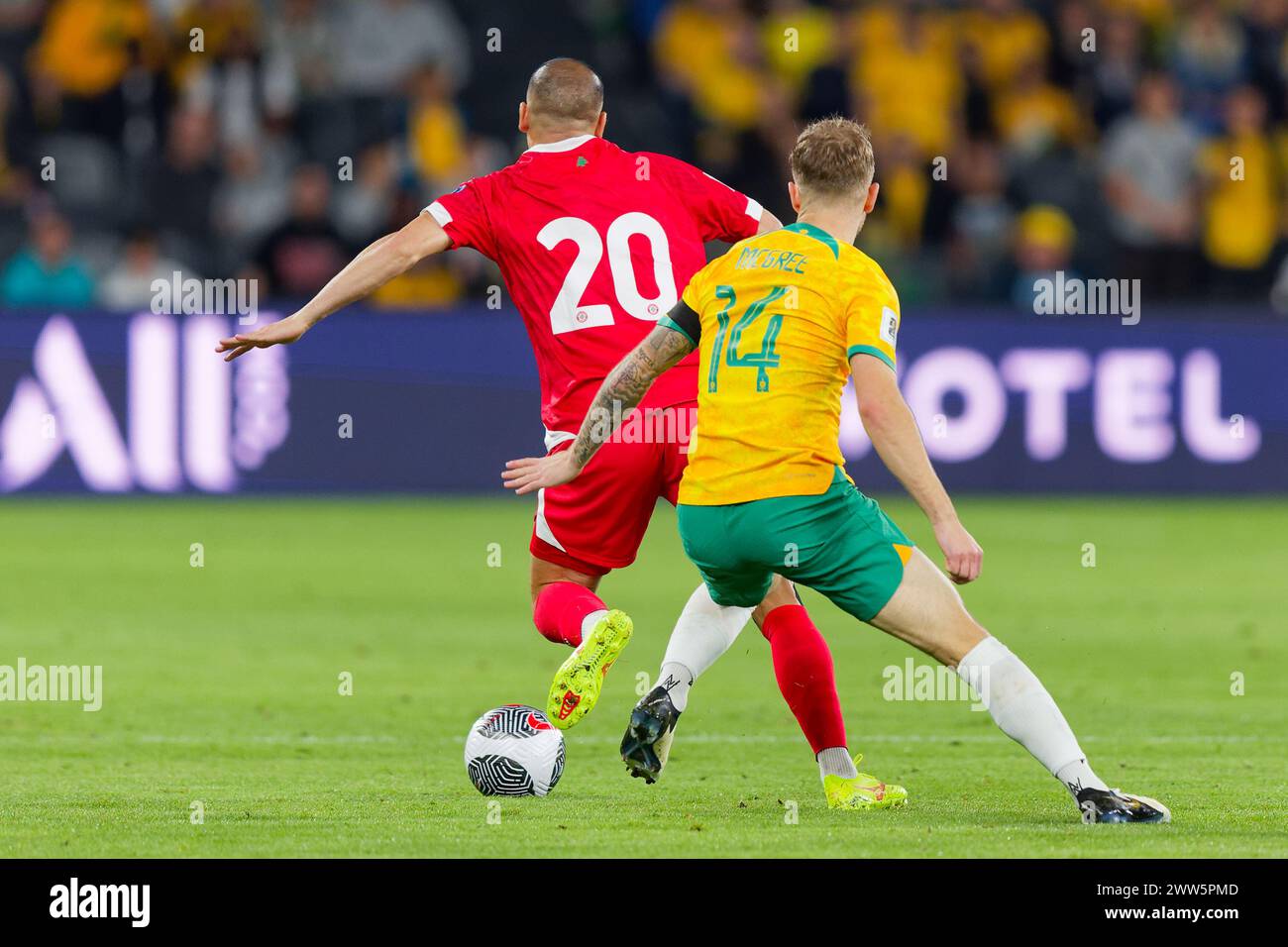 Sydney, Australia. 21st Mar, 2024. Ali Tneich controls the ball during the FIFA World Cup 2026 Qualifier match between Australia and Lebanon at Western Sydney Stadium on March 21, 2024 in Sydney, Australia Credit: IOIO IMAGES/Alamy Live News Stock Photo