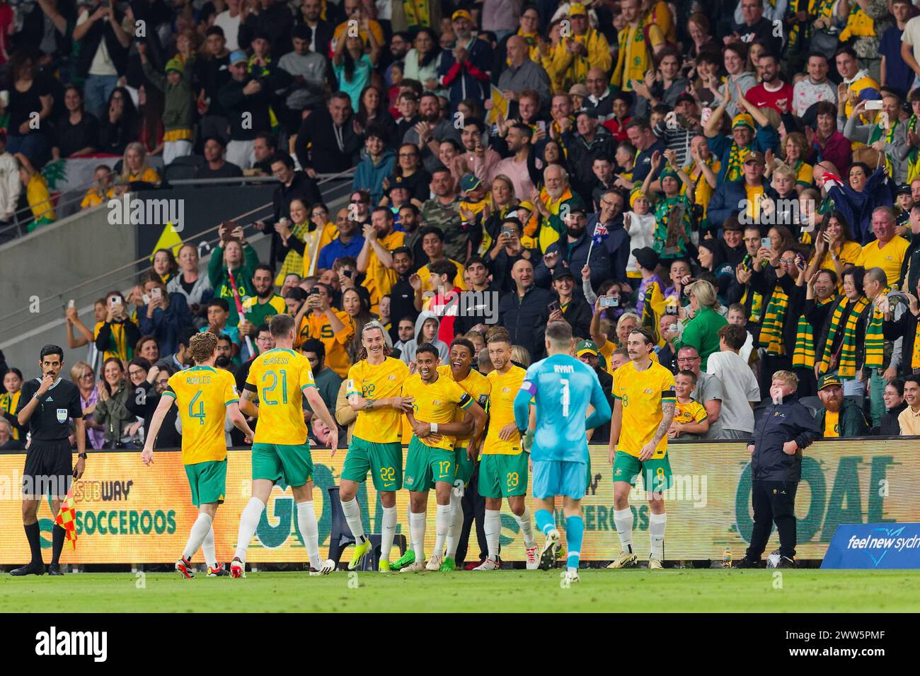 Sydney, Australia. 21st Mar, 2024. Australian players celebrate a goal during the FIFA World Cup 2026 Qualifier match between Australia and Lebanon at Western Sydney Stadium on March 21, 2024 in Sydney, Australia Credit: IOIO IMAGES/Alamy Live News Stock Photo