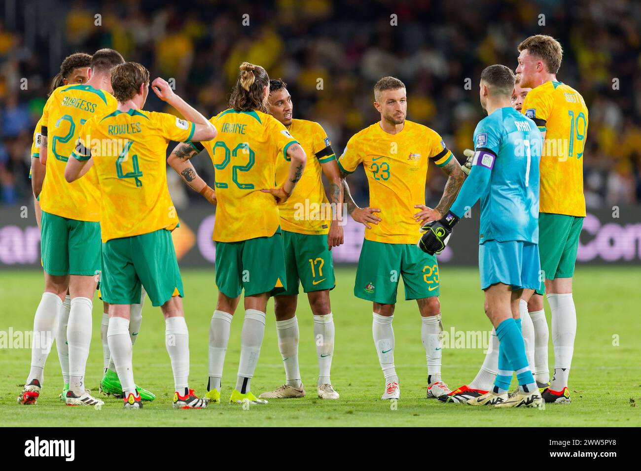 Sydney, Australia. 21st Mar, 2024. Australian players for a huddle during the FIFA World Cup 2026 Qualifier match between Australia and Lebanon at Western Sydney Stadium on March 21, 2024 in Sydney, Australia Credit: IOIO IMAGES/Alamy Live News Stock Photo