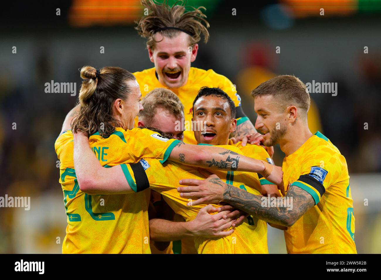 Sydney, Australia. 21st Mar, 2024. Australian players celebrate a goal by Kye Rowles of Australia during the FIFA World Cup 2026 Qualifier match between Australia and Lebanon at Western Sydney Stadium on March 21, 2024 in Sydney, Australia Credit: IOIO IMAGES/Alamy Live News Stock Photo