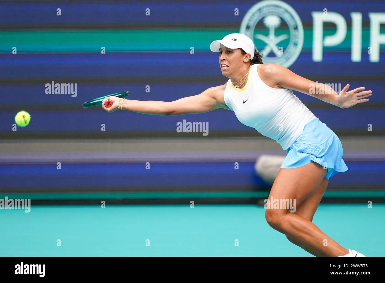 Miami Gardens, Florida, USA. 21st Mar, 2024. Madison Keys (USA) returns a shot to Diana Shnaider