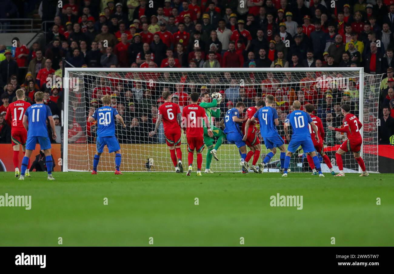 Cardiff City Stadium, Cardiff, UK. 21st Mar, 2024. UEFA Euro Qualifying Play Off Football, Wales versus Finland; Goalie Danny Ward of Wales collects the high ball Credit: Action Plus Sports/Alamy Live News Stock Photo