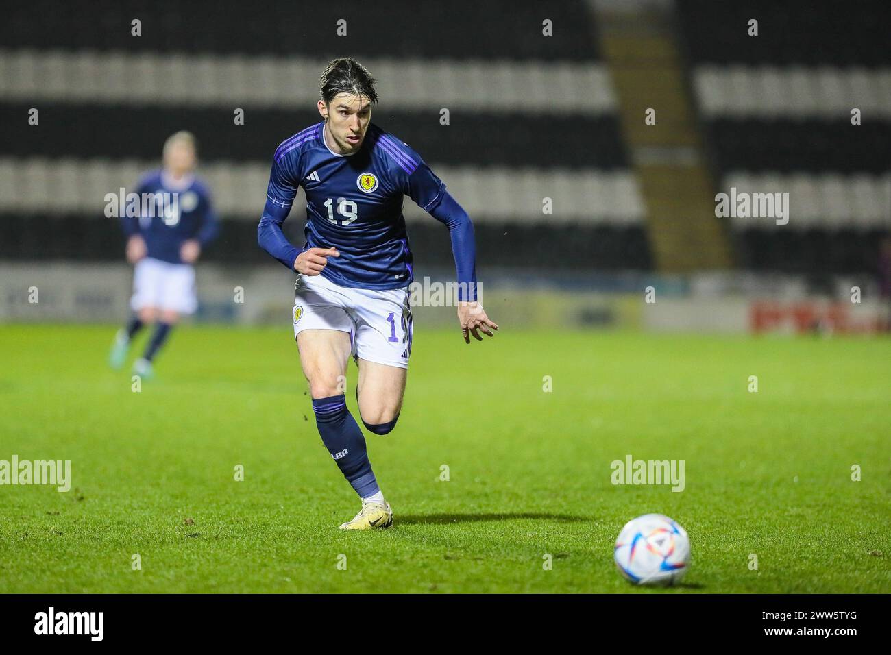 21 March 24. Paisley, UK. Scotland played against Kazakhstan in the UEFA Under 21 Championship Qualifier at the Smisa Stadium, Paisley, Scotland, UK. The final score was Scotland 4 - 1 Kazakhstan The goals were scored by Josh Doig (3)19 minutes, Tommy Cameron (17) 24 minutes, Tommy Conway (9) 38 minutes penalty, Lewis Fiorini (10) 55 minutes. Yan Trufanov (9) scored or Kazakhstan from a penalty in 68 minutes. Credit: Findlay/Alamy Live News Stock Photo