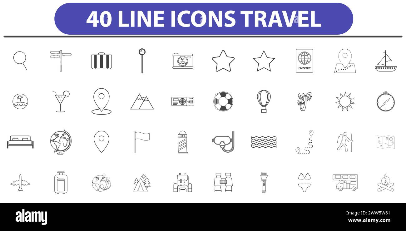 Travel and Tourism set of web icons in line style Stock Vector