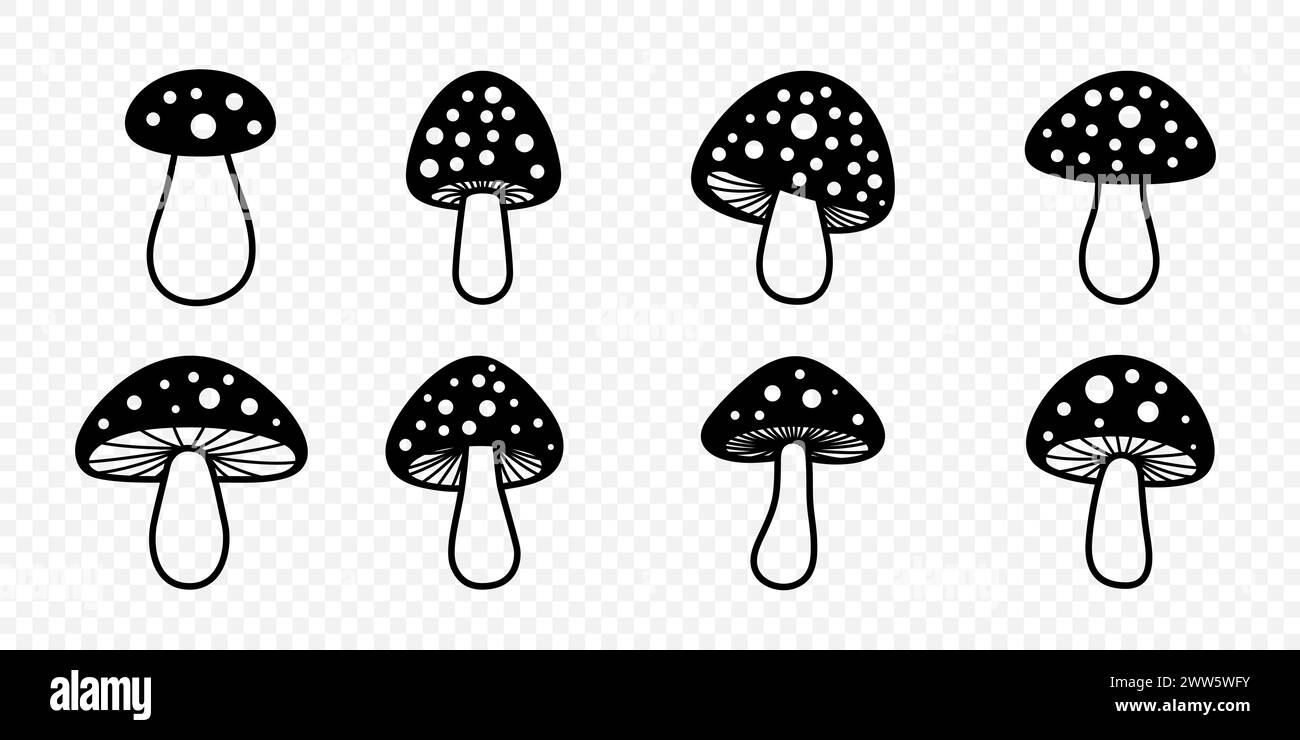 Vector Black and White Hand Drawn Cartoon Mushrooms. Amanita Muscaria, Fly Agaric Illustration, Cutout Mushrooms Collection. Magic Mushroom Silhouette Stock Vector