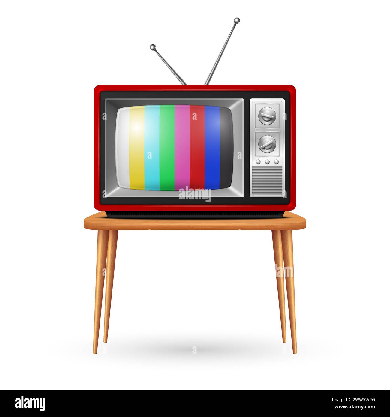 Vector Red Retro TV Set on the Wooden Table, Isolated, Front View. Vintage TV Design Template. Classic Retro TV Receiver with Test Chart Stock Vector