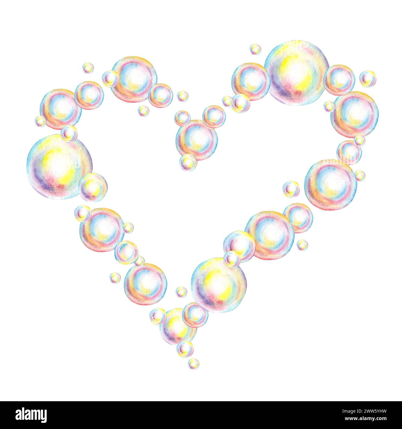 Watercolor illustration of a heart-shaped frame with soap bubbles. Summer toy symbol, bath time, carnival, bubble party, soap making, hobby, bathroom, Stock Photo