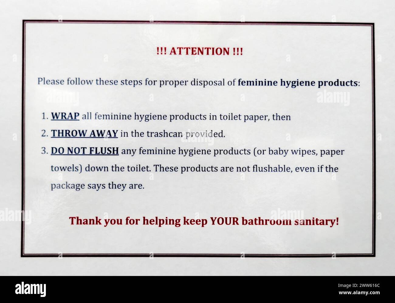 Sanitary rules posted inside a women's bathroom in North Florida. Stock Photo
