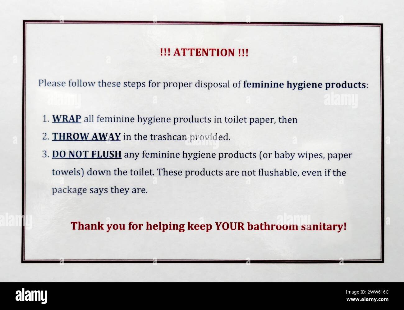 Sanitary rules posted inside a women's bathroom in North Florida Stock Photo Alamy
