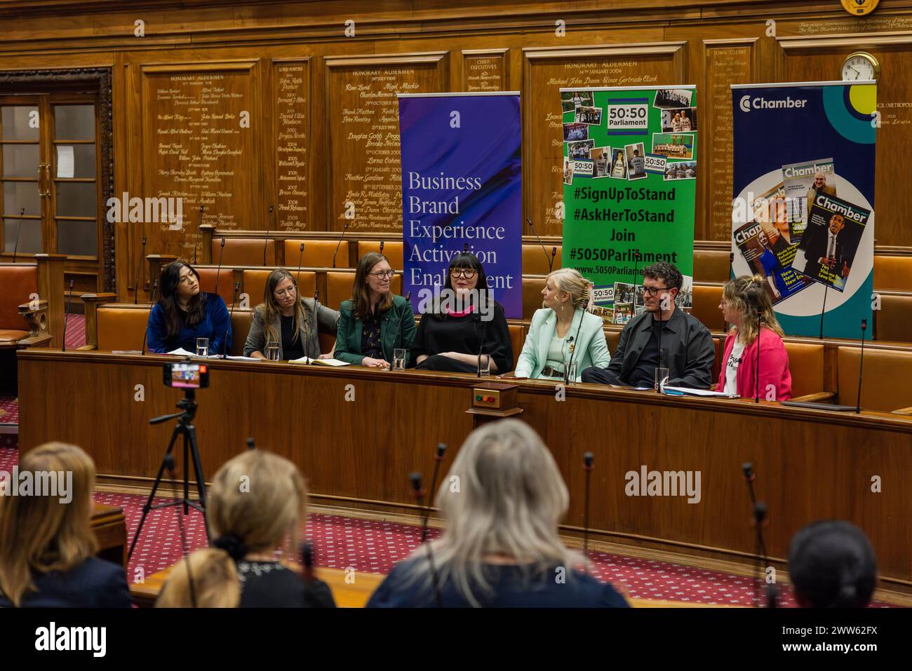 Leeds, UK. 21 MAR, 2024.  Panel at the 50:50 Parliament event. The event aims to encourage women from across the North of England to stand for elected office. Panel: Fatima Khan-Shah(inclusivity champion WYCA, left), Laura Weldon (Tory candidate Pontefract), Cllr Katherine Miles (Lib Dem Councillor), Lauren Fabianski (Pregnant Then Screwed), Tracy Brabin (Mayor of West Yorkshire), Kieran McBride (Frog), Lyanne Nicholl (50:50 Parliament, right) Credit Milo Chandler/Alamy Live News Stock Photo