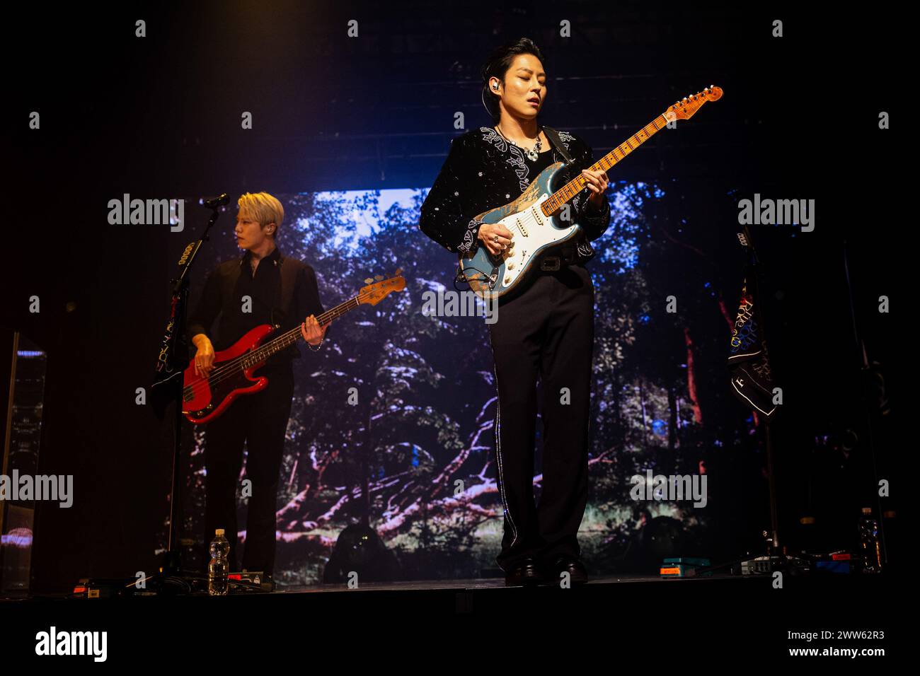 Milan, Italy. 21st Mar, 2024. Kim Woo-sung, well known as Woosung (R), and Lee Jae-hyeong, well known as Jaehyeong (L) of South Korean indie-rock band The Rose perform live at Alcatraz in Milan. Credit: SOPA Images Limited/Alamy Live News Stock Photo