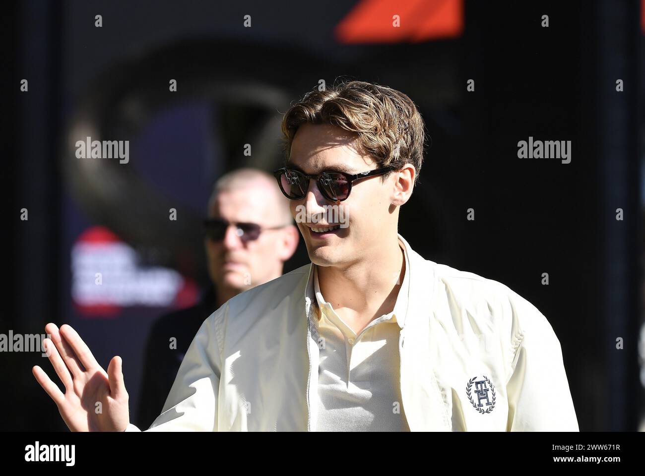 MELBOURNE, AUSTRALIA 25 February 2024. Pictured: 63 George Russell (GBR) Mercedes-AMG Petronas F1 Team  in the paddock at the FIA Formula 1 Rolex Australian Grand Prix 2024 3rd round from 22nd to 24th March at the Albert Park Street Circuit, Melbourne, Australia. Credit: Karl Phillipson/Alamy Live News Stock Photo