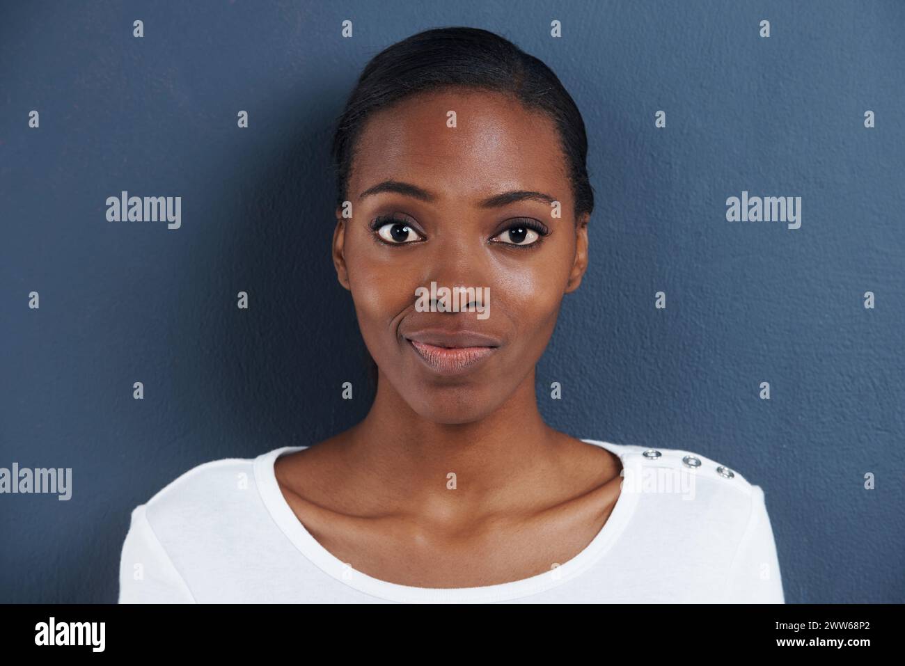 Black woman, portrait and doubt in studio with confused, thinking and unsure of planning. African model, question or smirk face with expression of Stock Photo