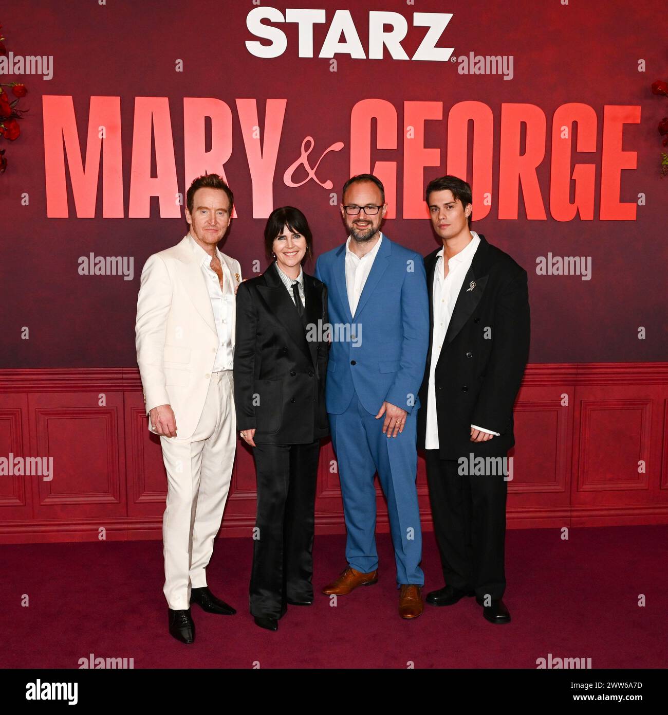 March 21, 2024, Los Angeles, California, U.S.: Tony Curran, Liza Marshall, DC Moore and Nicholas Galitzine attend the STARZ's ''Mary & George'' red carpet premiere. (Credit Image: © Billy Bennight/ZUMA Press Wire) EDITORIAL USAGE ONLY! Not for Commercial USAGE! Stock Photo