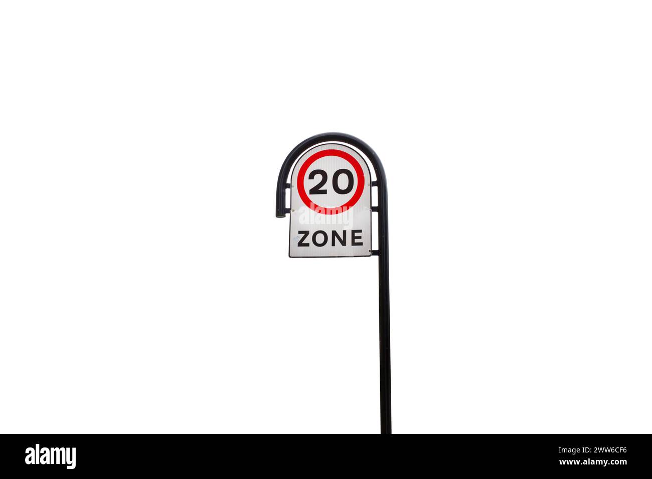 20mph zone speed limit road warning sign. Isolated on a white background Stock Photo