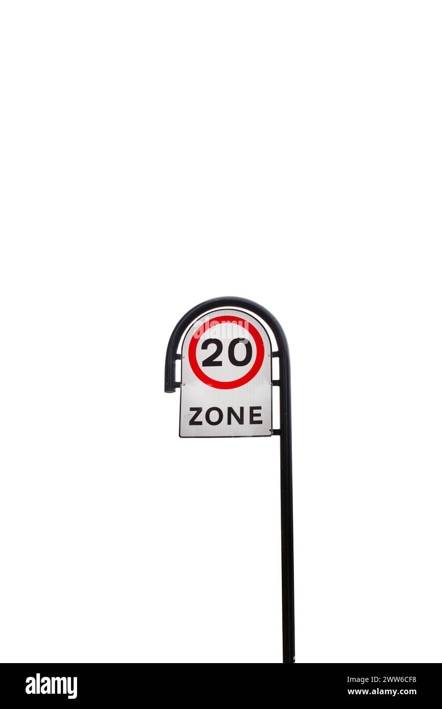 20mph zone speed limit road warning sign. Isolated on a white background Stock Photo