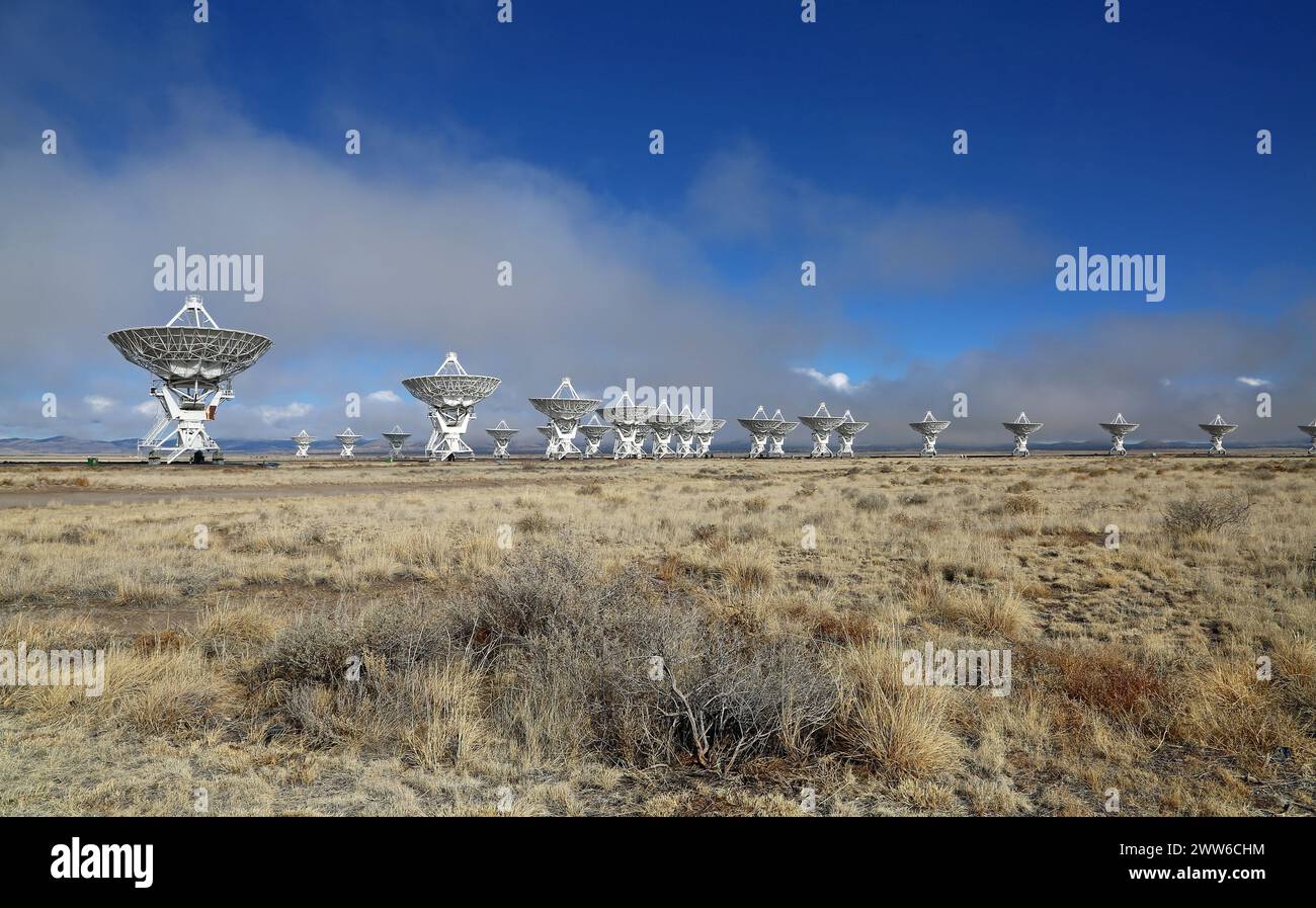 Sunny landscape with Very Large Array, New Mexico Stock Photo