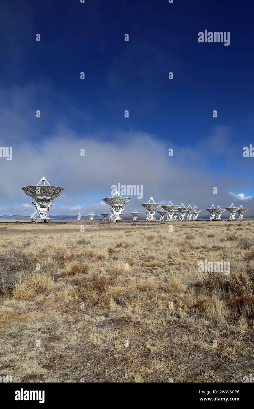 Landscape with radio telescopes vertical - Very Large Array, New Mexico Stock Photo