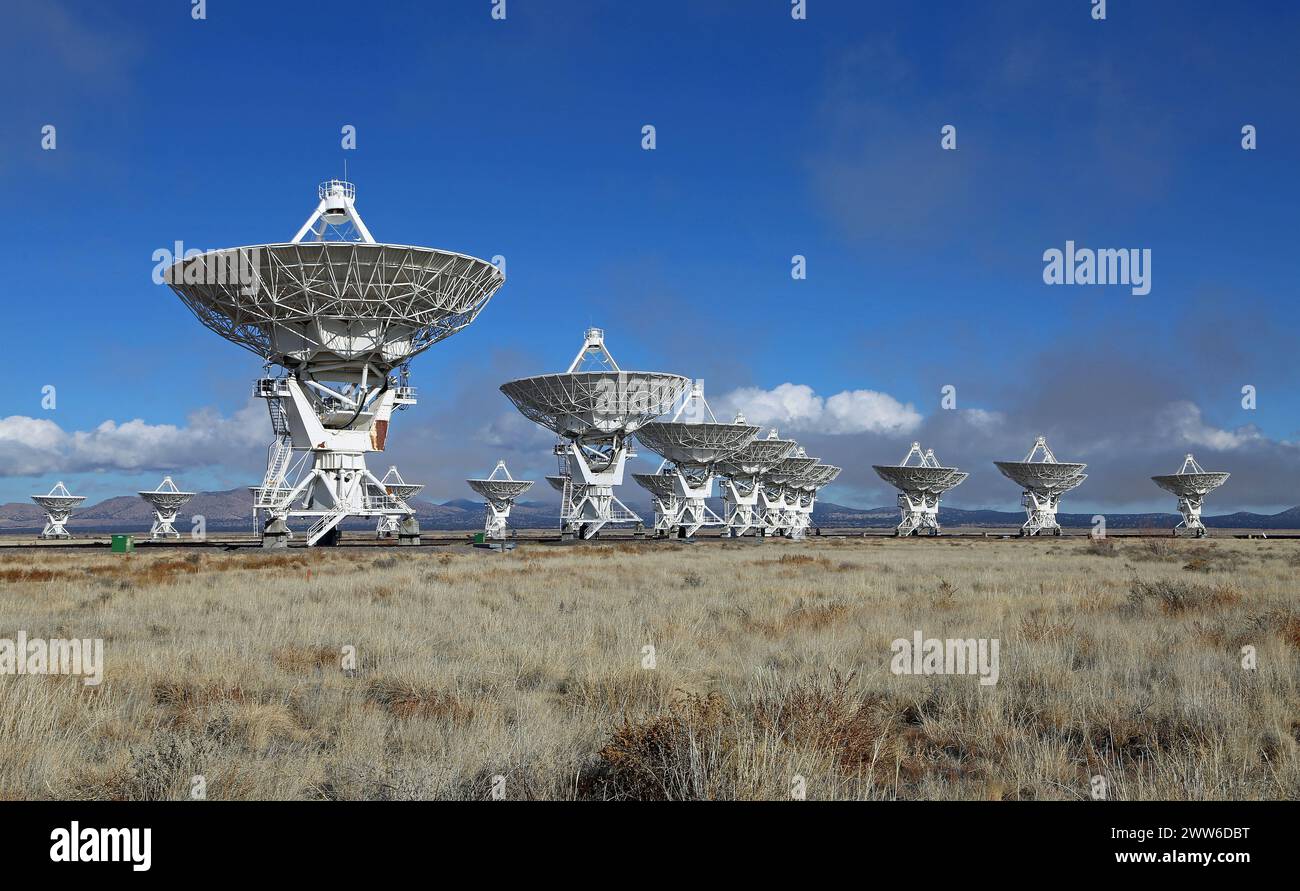 Array with astronomy antennas - Very Large Array, New Mexico Stock Photo