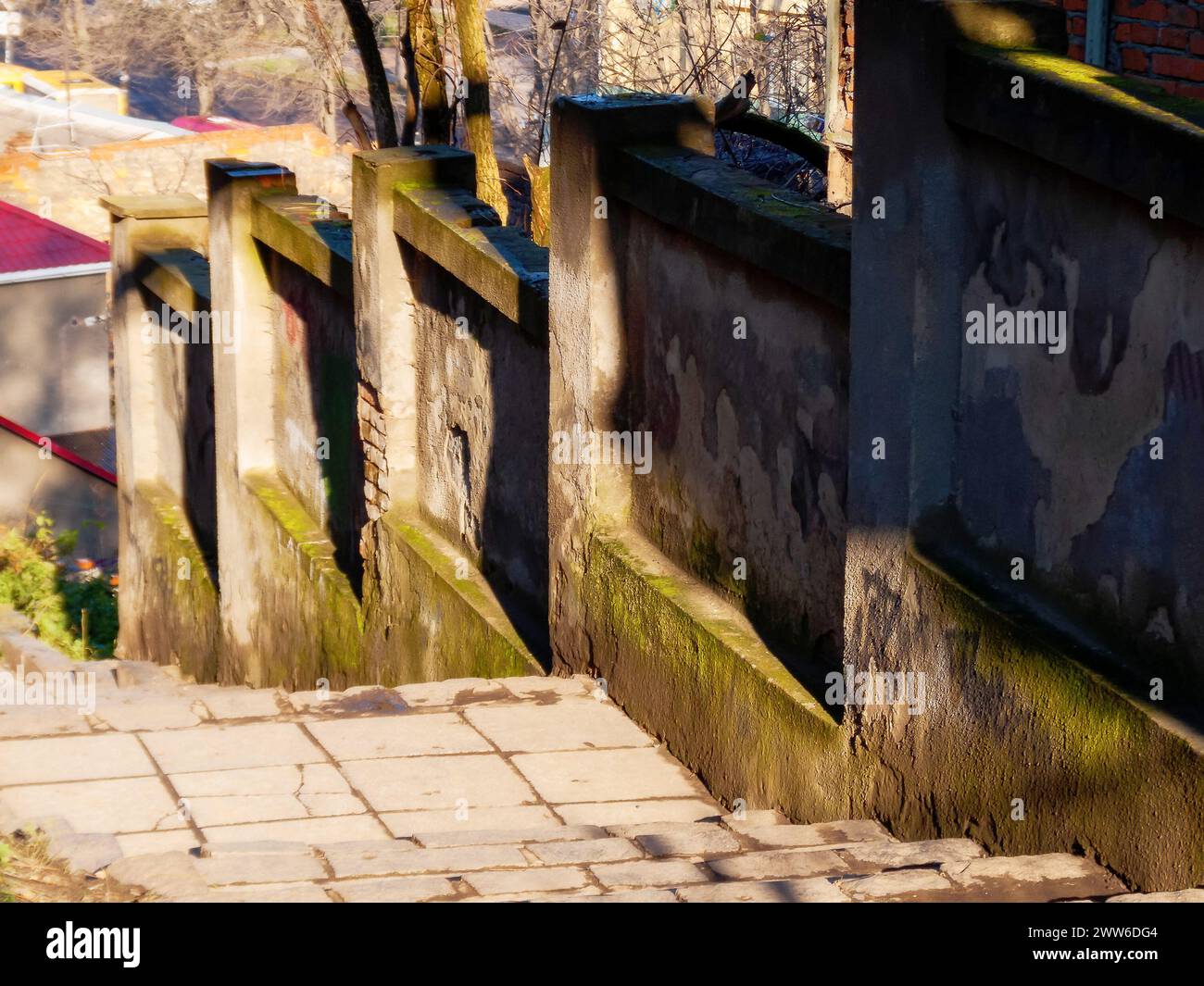 european downtown street with steps. travel and sightseeing concept Stock Photo