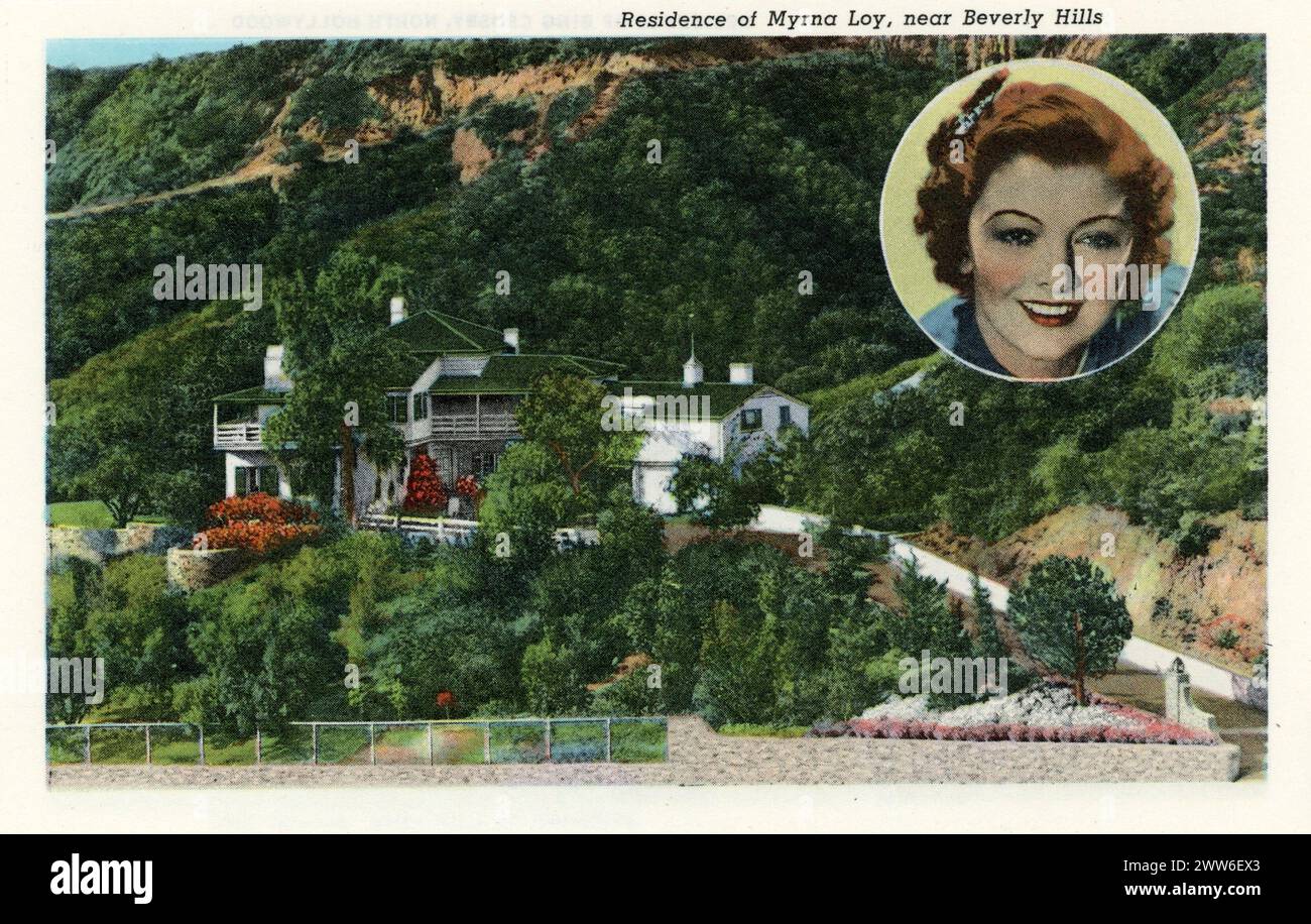 RESIDENCE OF MYRNA LOY NEAR BEVERLY HILLS postcard from Homes of the