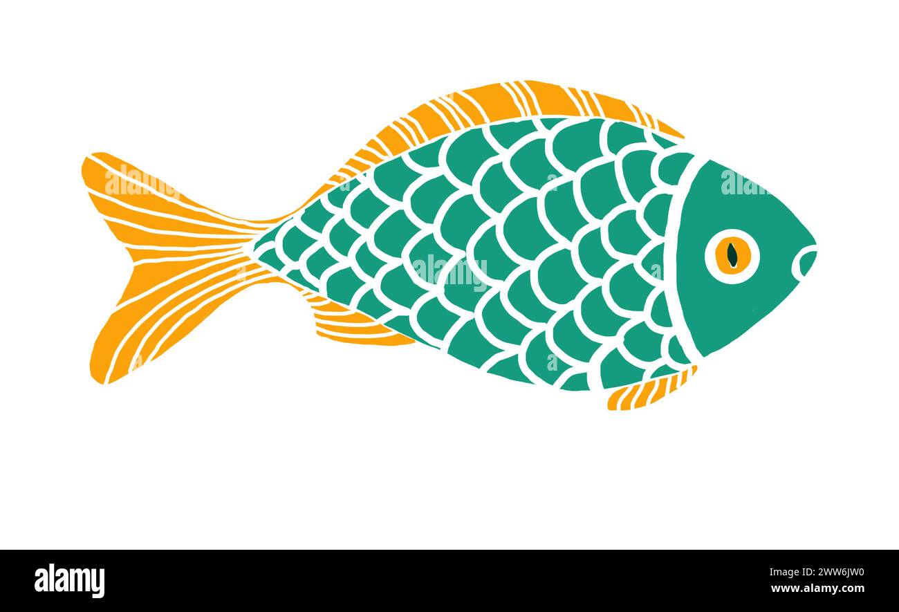 Illustration of a fish isolated on a white background. Simplified stylized illustration. The head and scales are turquoise. Yellow fins and eye. Profile to the right. Printmaking style. Stock Photo