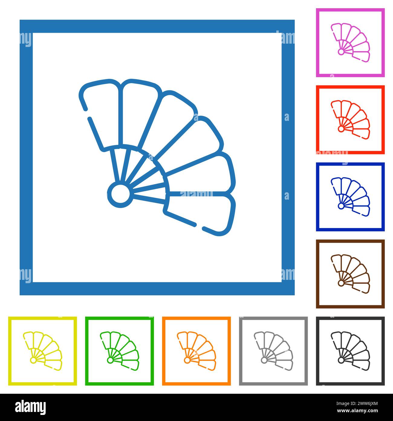 Folding hand fan outline flat color icons in square frames on white