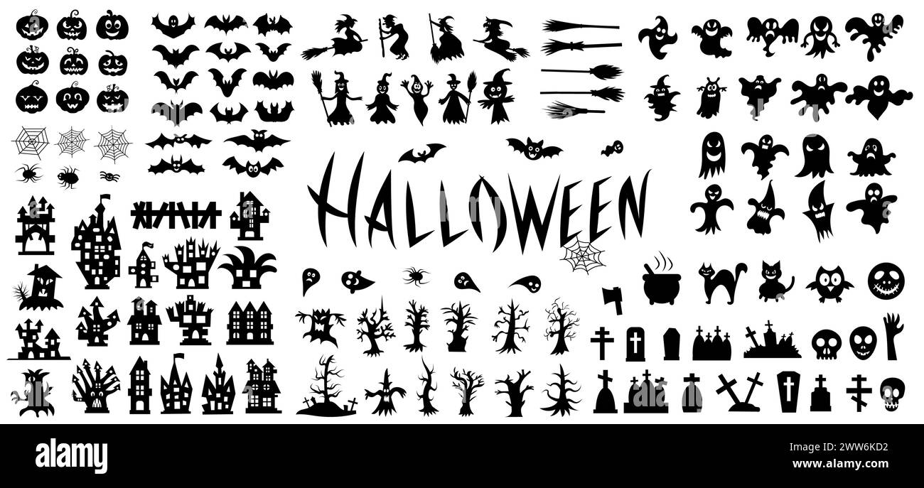 Big set of silhouettes of Halloween on a white background. Vector illustration Stock Vector