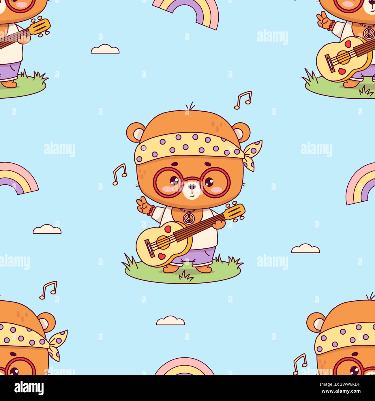 Seamless pattern with groovy hippy bear boy. Cute animal with guitar on
