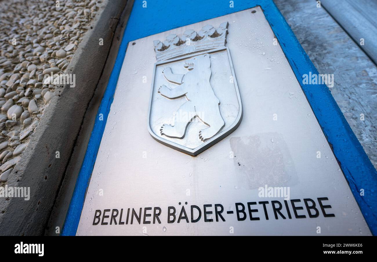 Berlin, Germany. 21st Mar, 2024. A sign 'Berliner Bäder-Betriebe (BBB)' hangs in the entrance area to the Mariendorf combined swimming pool, taken after a press conference on the construction projects of Berliner Bäder-Betriebe (BBB). The swimming pool has been in operation since 1975 and is due to be renovated from fall 2024. Credit: Soeren Stache/dpa/Alamy Live News Stock Photo