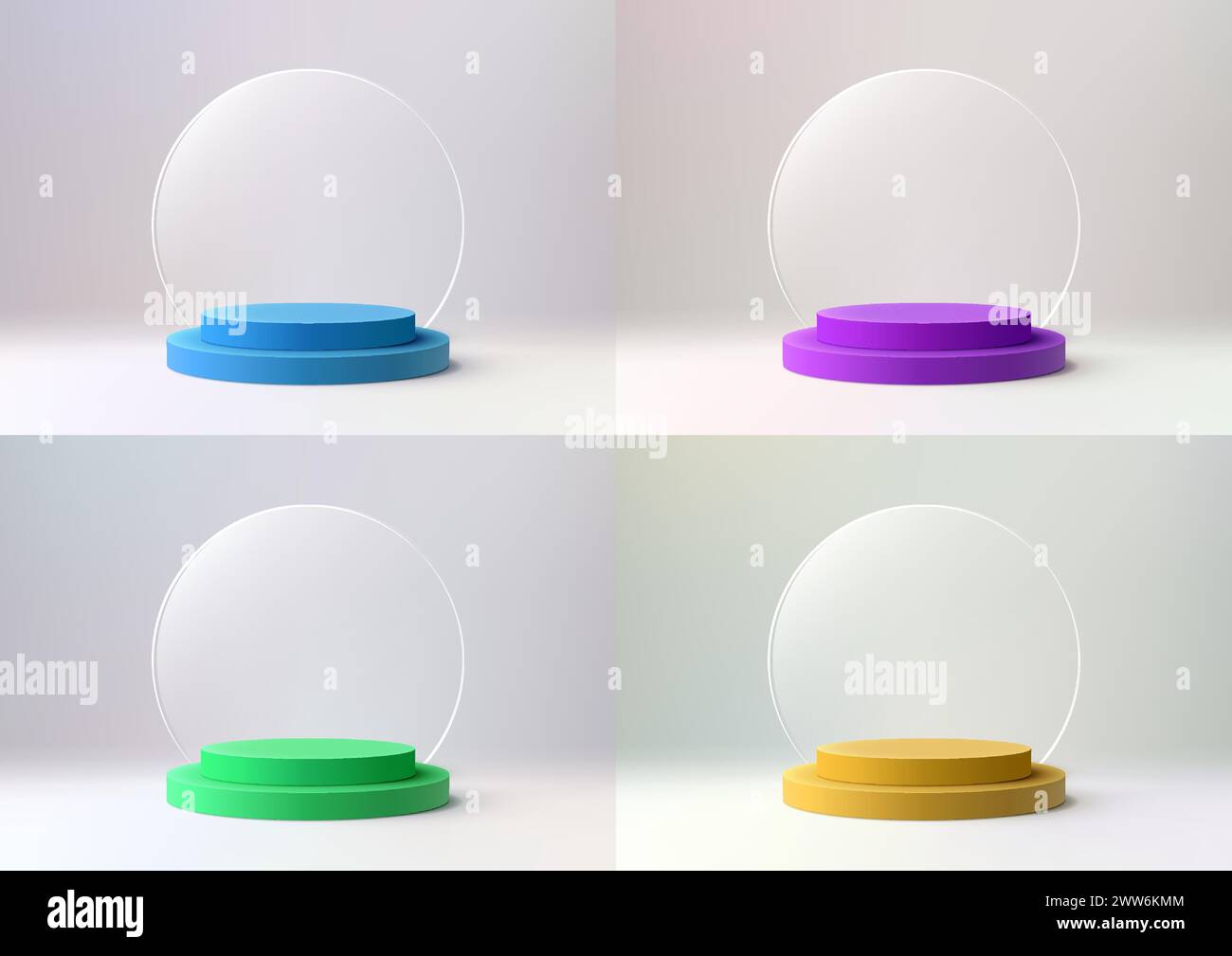 3D vibrant color podium with clear glass circle backdrop set against a ...