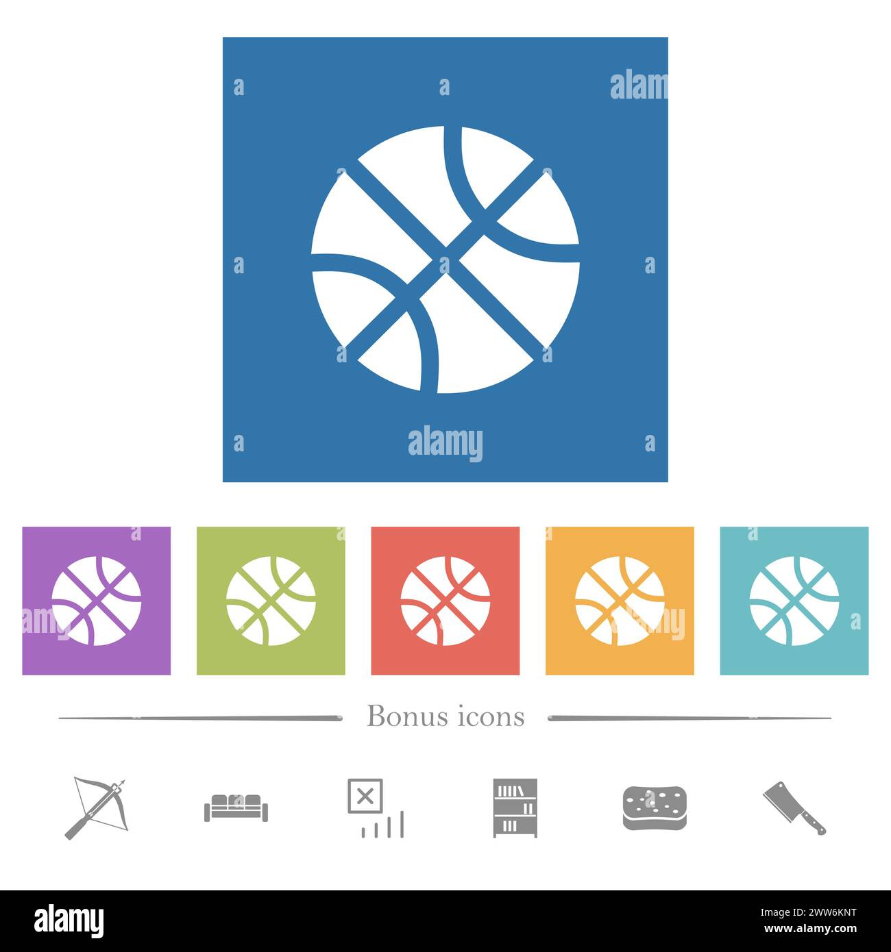 Basketball solid flat white icons in square backgrounds. 6 bonus icons included. Stock Vector