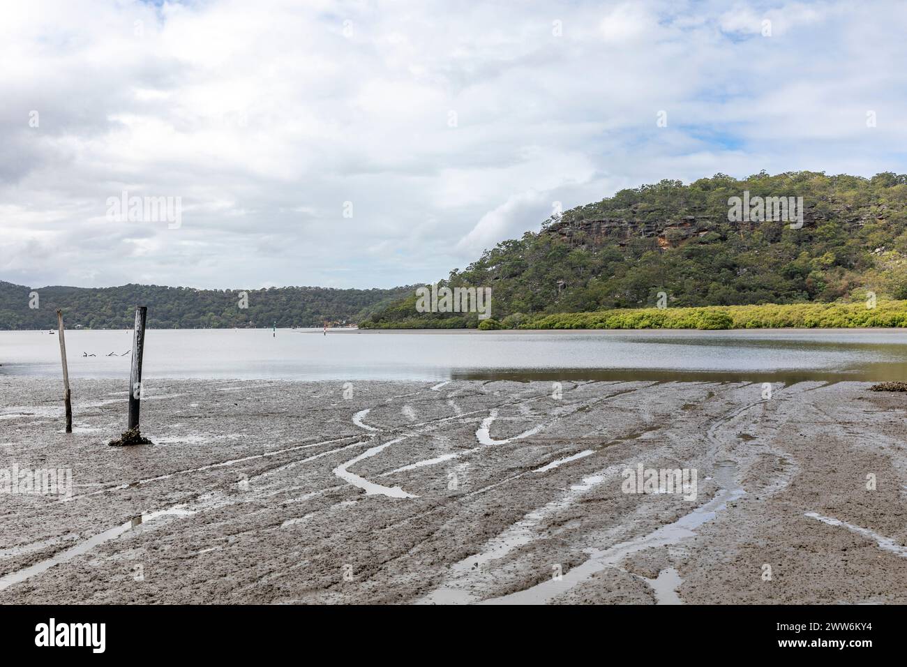 Australia, Hawkesbury River in New South Wales, viewed from Mooney Mooney suburb on the central coast at low tide, Australia,2024 Stock Photo