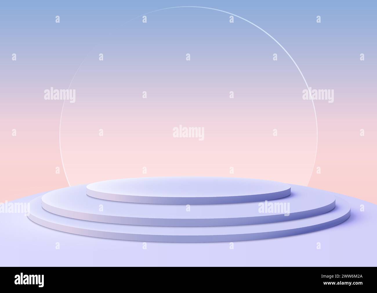 3D soft blue podium stairs on a blue sky background with a large circle glass transparent behind it, Product display, Mockup, Showcase. Vector illustr Stock Vector