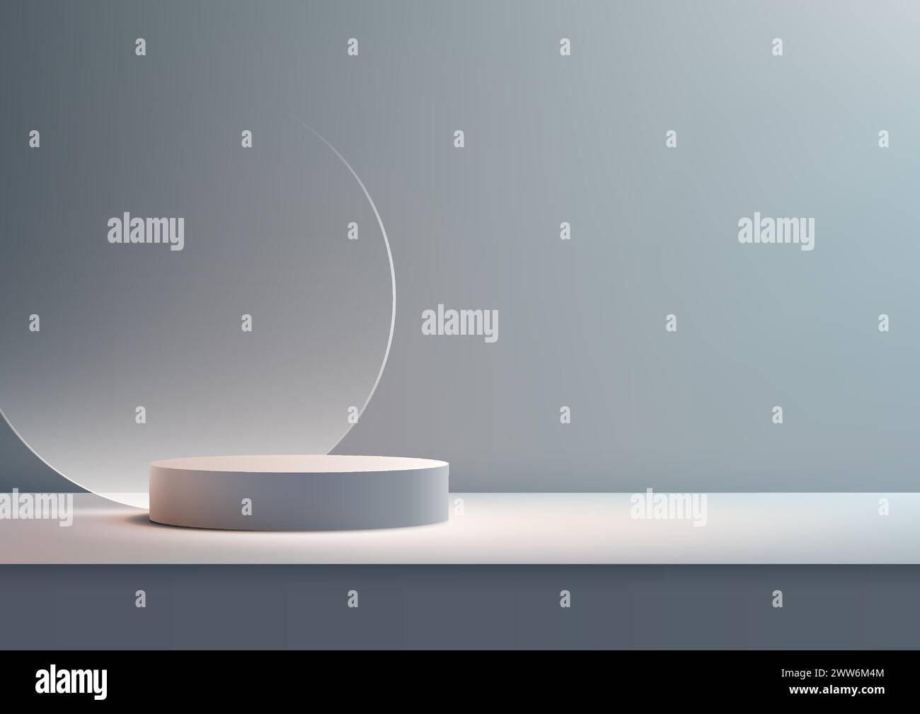 3D white podium with clear glass circle backdrop, set against a gray ...