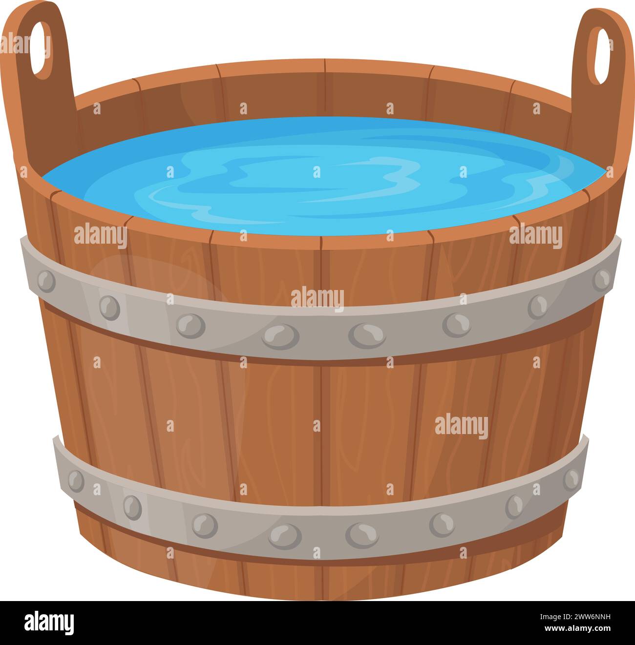 Wooden bucket full of clean water cartoon icon isolated on white background Stock Vector