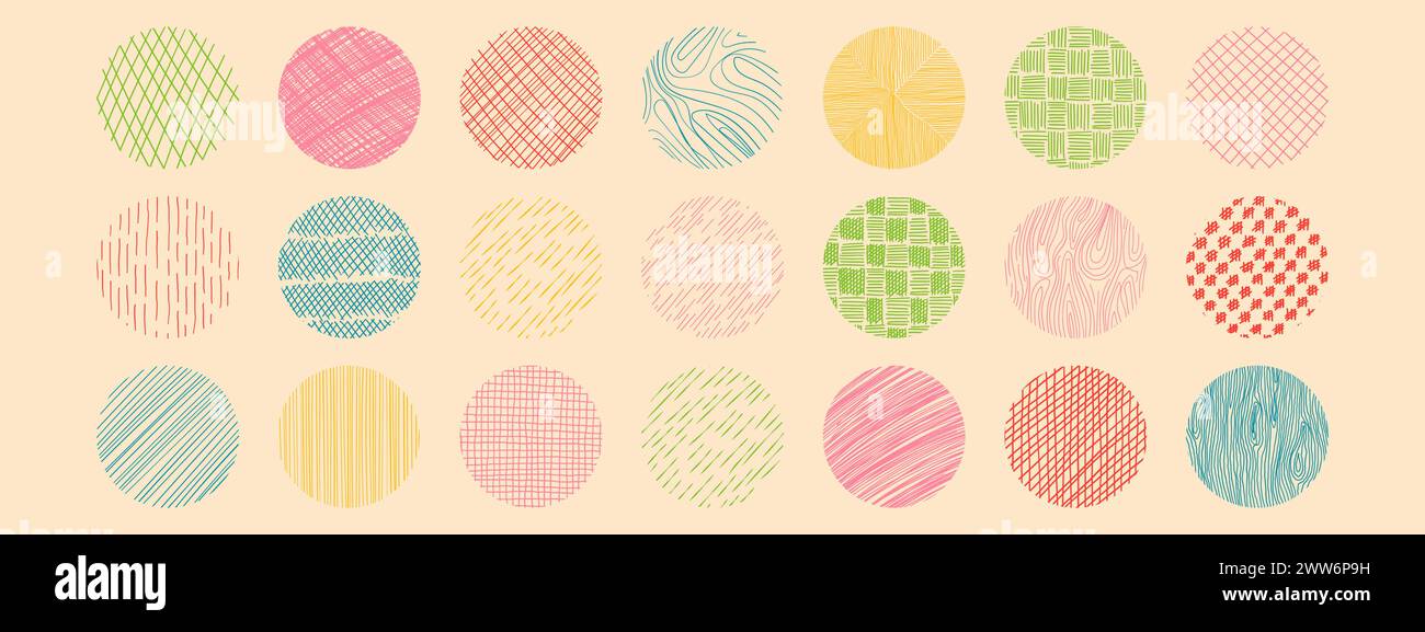 Vector freehand textures set with different hand drawn circle patterns. Vector scribble, horizontal and wave strokes collection Stock Vector