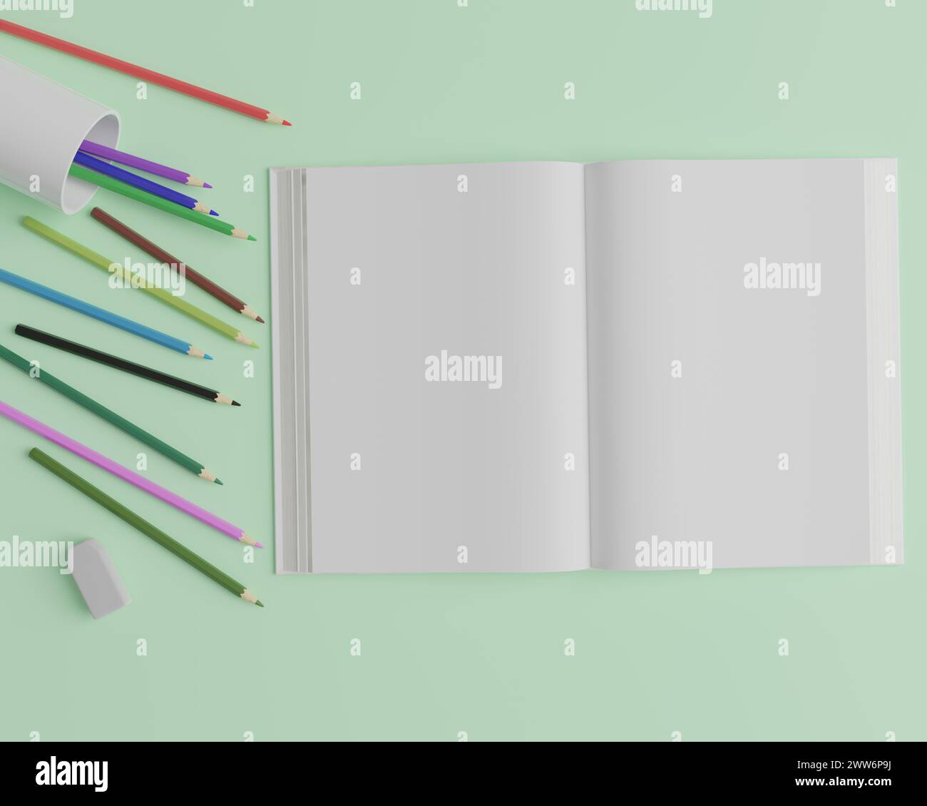 This image represents a kids coloring open book mock up on a creative background. It’s very easy to use. Stock Photo