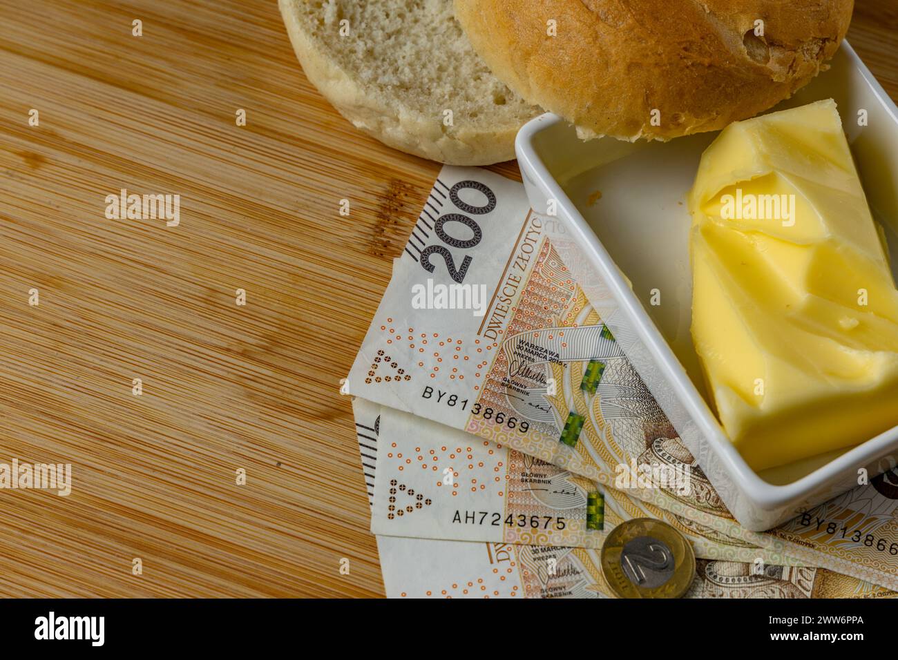 Increase in food prices in Poland, bread, butter on a cutting board
