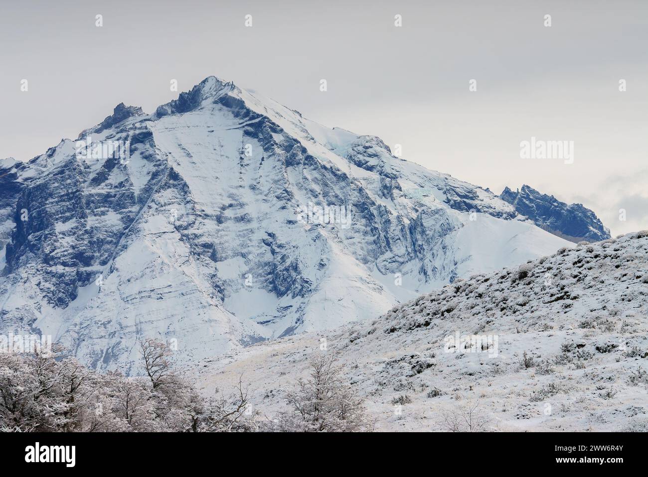 snowy summit during winter of Almirante Nieto mountain in Torres del Paine national park Stock Photo