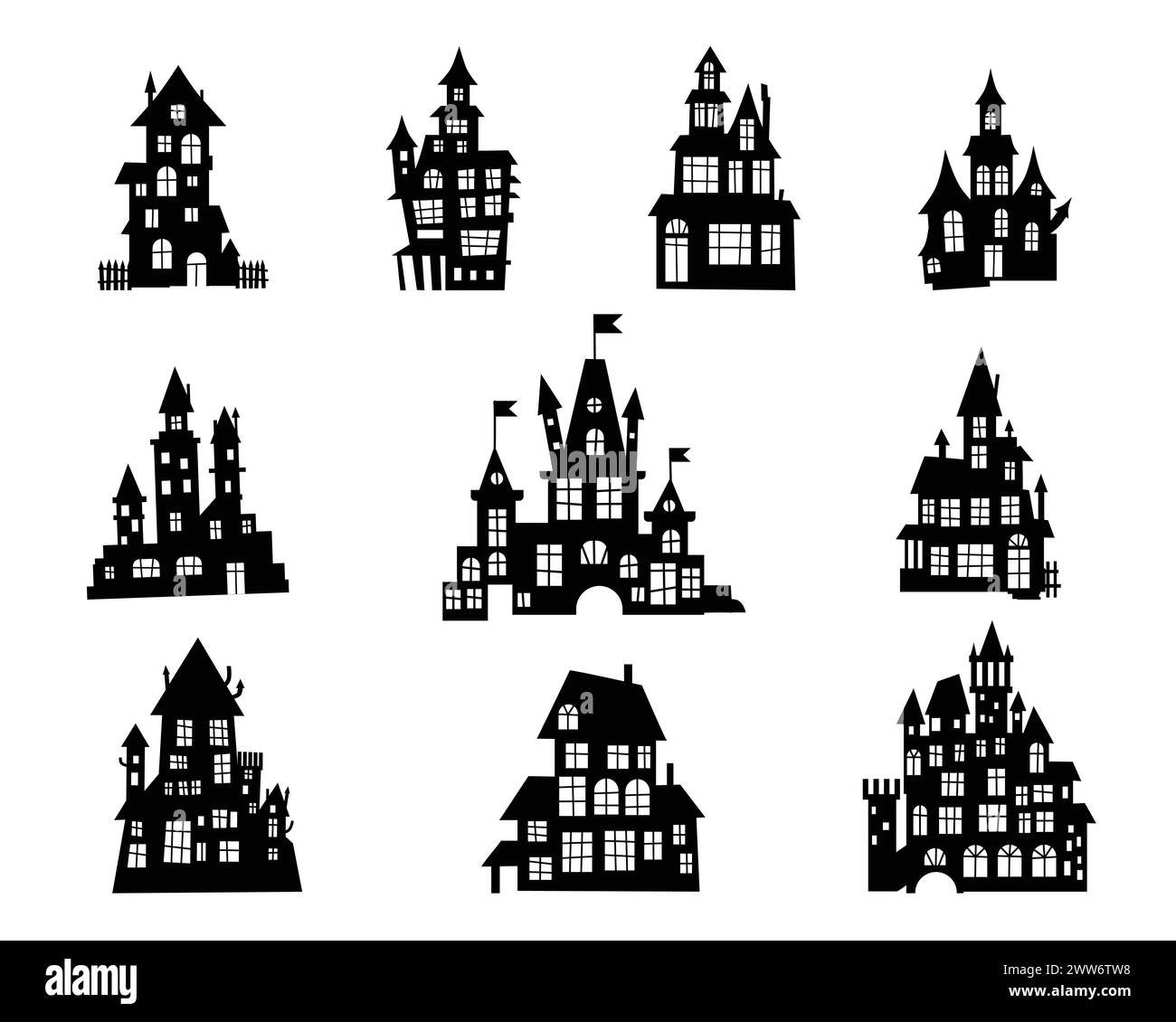 princess castle silhouettes set. Castles silhouettes set. Building of the medieval period Stock Vector