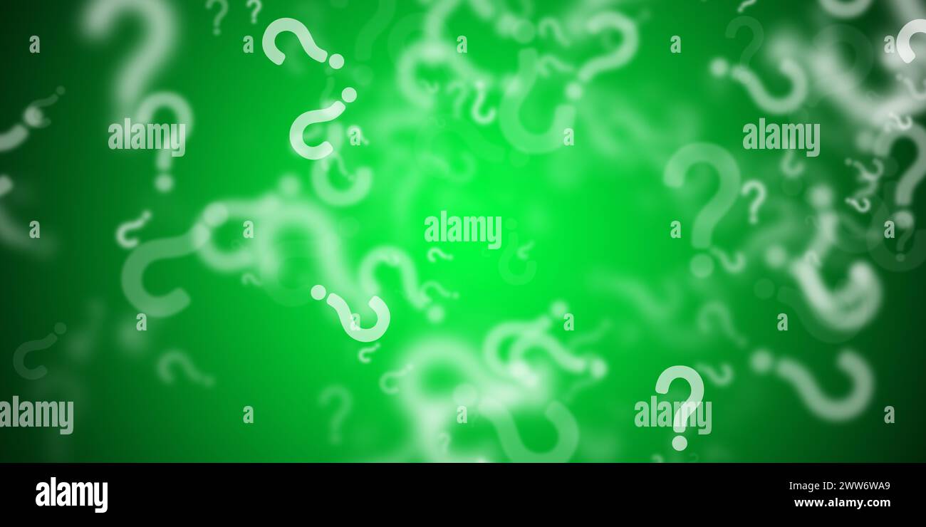 Flying question marks over flashy green background Stock Photo