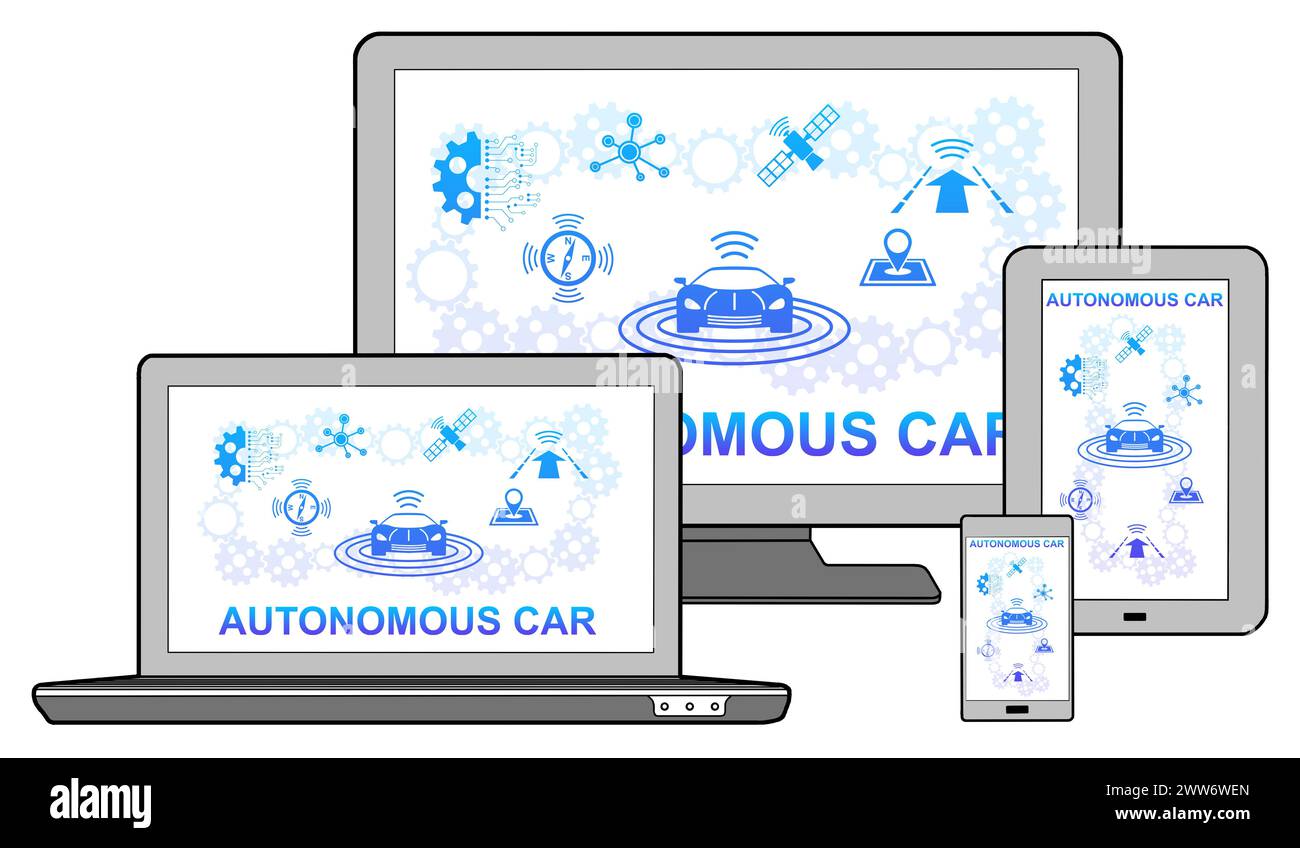 Autonomous car concept on different devices, isolated on white Stock ...