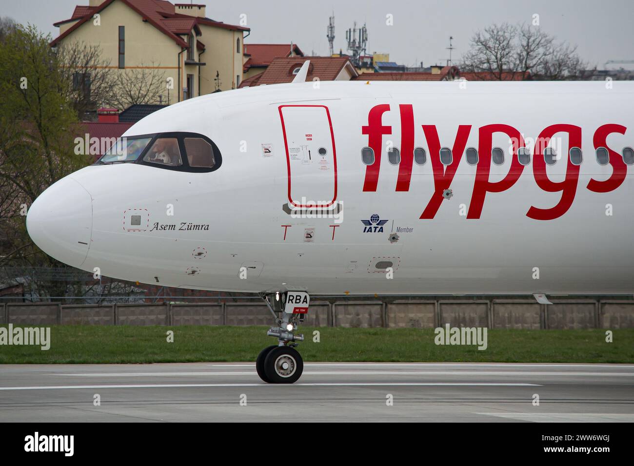 Cockpit close-up of a Pegasus Airlines Airbus A321 NEO taxiing after landing at Lviv Airport after a flight from Istanbul, Turkey Stock Photo