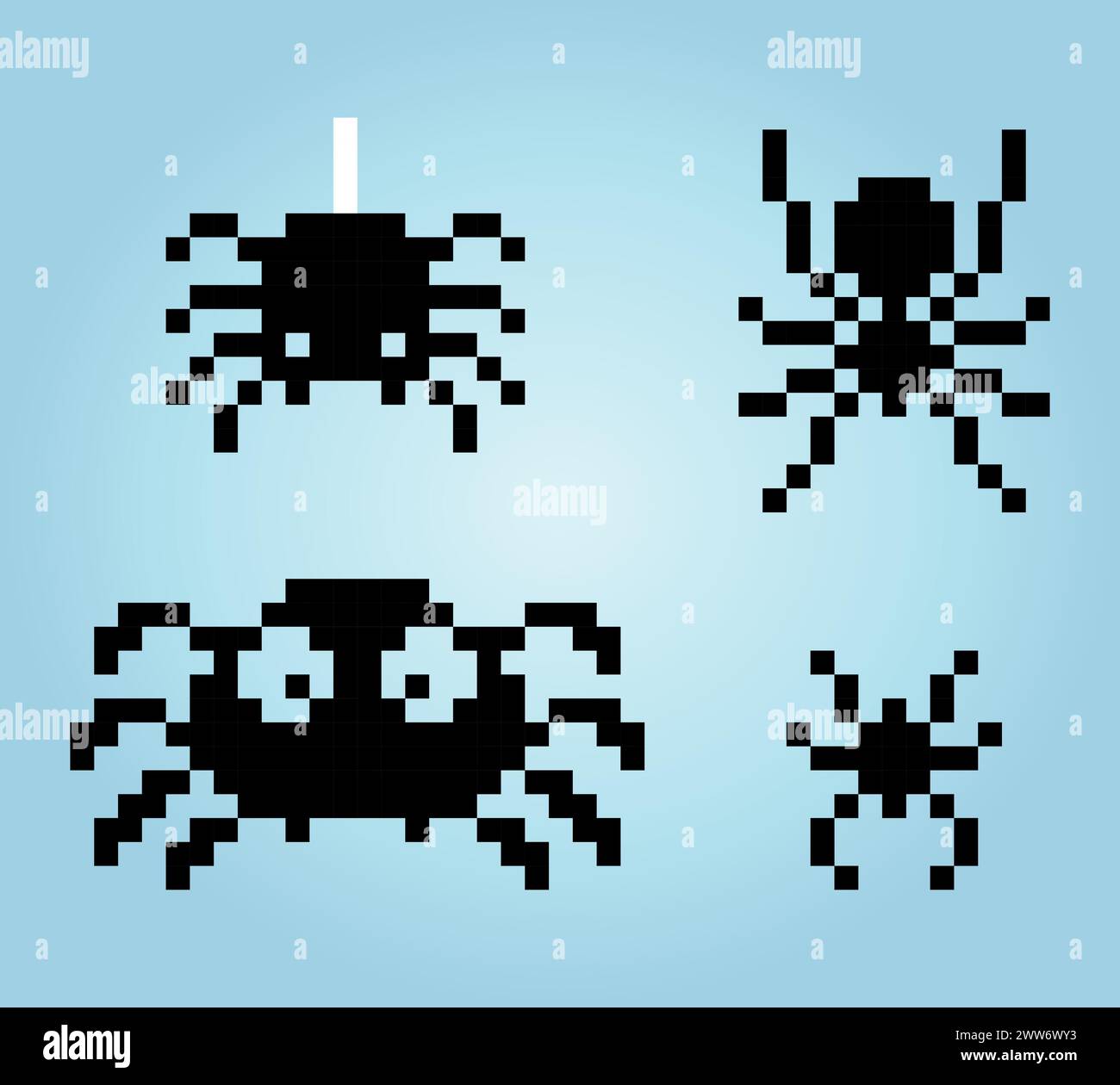 8 bits of spiders. Animal pixel for game assets and Cross Stitch patterns in vector illustrations. Stock Vector
